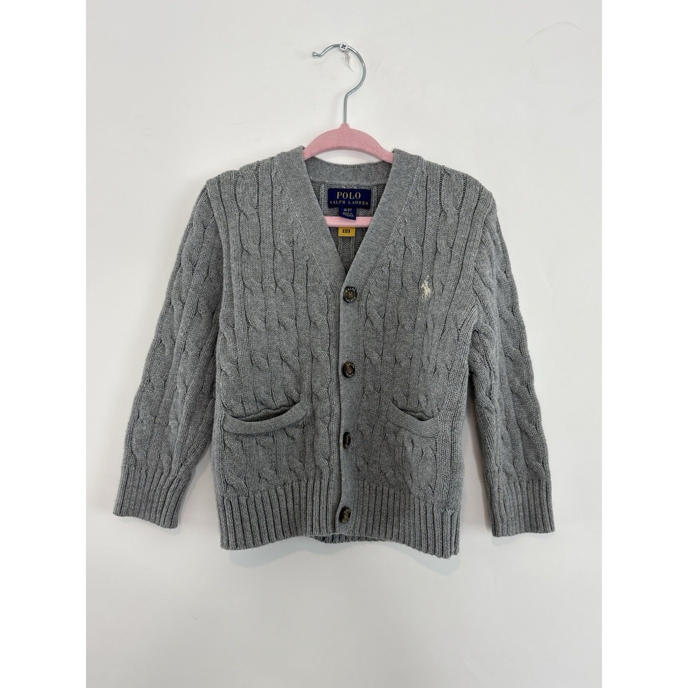 POLO RALPH LAUREN Cable Knit V-Neck Cardigan Sweater Toddler Boys Unisex 3T Gray
